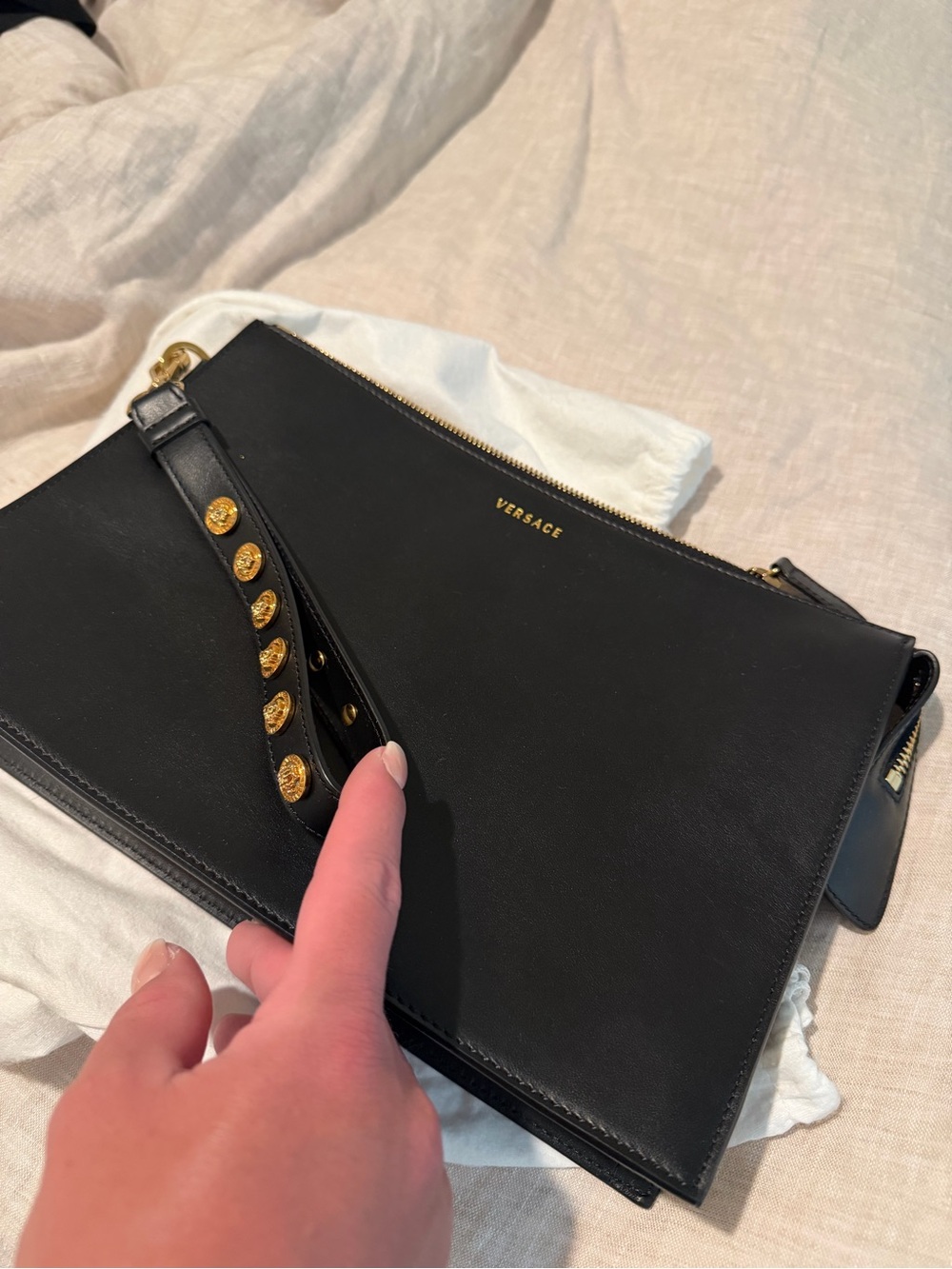 Versace black leather clutch pouch with wrist strap